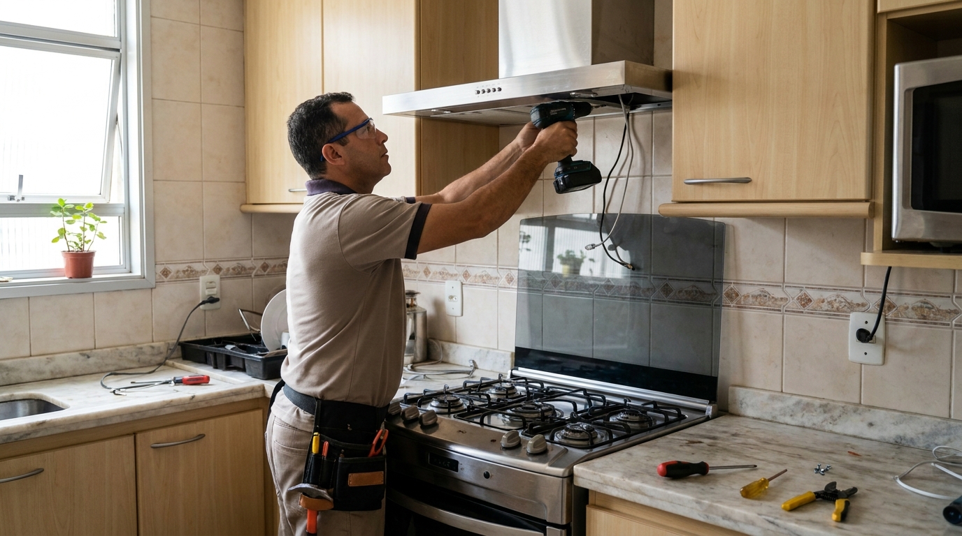 Eletricista instalando coifa em Uberlândia‑MG